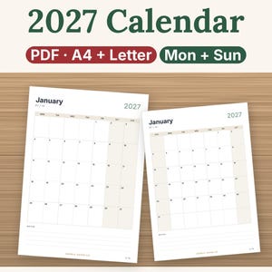 May include: A 2027 calendar printable in PDF format, available in A4 and Letter sizes. The design features a monthly grid for January with options for Monday or Sunday starts, including a dedicated notes section at the bottom of each page.