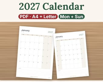 2027 Monthly Calendar Printable PDF, Minimalist Wall Planner, Monday or Sunday Start, A4 & US Letter