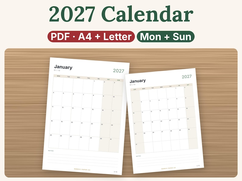 May include: A 2027 calendar printable in PDF format, available in A4 and Letter sizes. The design features a monthly grid for January with options for Monday or Sunday starts, including a dedicated notes section at the bottom of each page.
