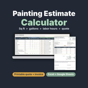 Könnte beinhalten: Ein digitaler Malerei-Kostenvoranschlag-Rechner auf einem Laptop-Bildschirm, mit einer Tabelle für Raummaße und einem Brightside Painting Co. Angebot. Der Text umfasst Painting Estimate Calculator, Sq ft > gallons > labor hours > quote, Printable quote + invoice und Excel + Google Sheets.