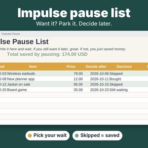 May include: A digital spreadsheet titled Impulse Pause List with columns for date added, item, price, decide after, decision, and saved. The table tracks items like wireless earbuds and a jacket, showing a total saved amount of 174.00 USD.