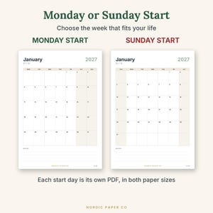 May include: Two January 2027 calendar pages with a grid layout. One page features a Monday start and the other a Sunday start. Both include a notes section at the bottom and the text "Monday or Sunday Start" and "Nordic Paper Co."