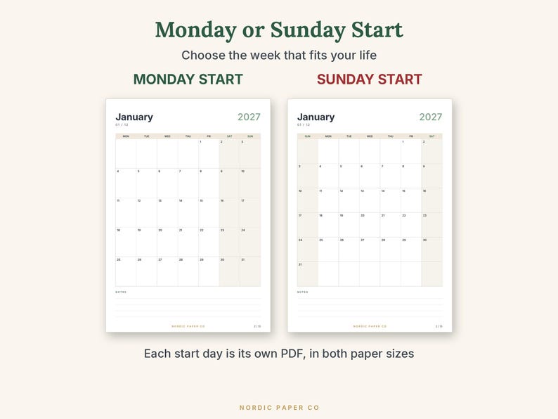 May include: Two January 2027 calendar pages with a grid layout. One page features a Monday start and the other a Sunday start. Both include a notes section at the bottom and the text "Monday or Sunday Start" and "Nordic Paper Co."
