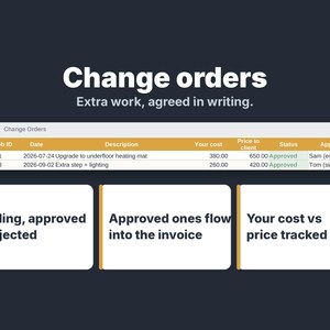 May include: A digital interface graphic titled Change orders with the subtitle Extra work, agreed in writing. It displays a table with columns for CO #, Job ID, Date, Description, Your cost, Price to client, Status, and Approved by.