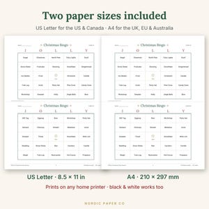 Pode incluir: Um conjunto de jogo de bingo de Natal imprim&iacute;vel com quatro cart&otilde;es de grade, o t&iacute;tulo Christmas Bingo e as letras J O L L Y. O documento inclui dois tamanhos de papel: US Letter de 8,5 x 11 polegadas e A4 de 210 x 297 mm.