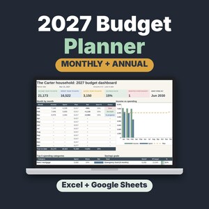 2027 Budget Planner Spreadsheet, Monthly Budget Template with Savings & Debt Tracker