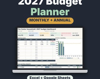 2027 Budget Planner Spreadsheet, Monthly Budget Template with Savings & Debt Tracker