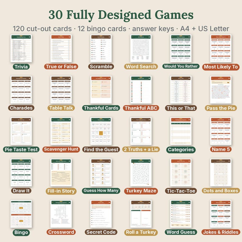 May include: A collection of 30 printable games featuring 120 cut-out cards, 12 bingo cards, and answer keys. The set includes titles like Trivia, True or False, Scramble, Word Search, Would You Rather, Most Likely To, Charades, and others.