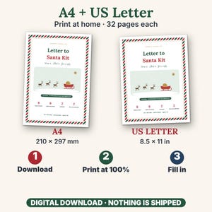 Puede incluir: Un kit digital de Carta a Santa en tama&ntilde;os A4 y US Letter, 32 p&aacute;ginas cada uno. Incluye 8 cartas, 6 respuestas, 2 sobres y 2 certificados. Con borde rojo y verde, gr&aacute;fico de renos y trineo. Instrucciones: 1 Descargar, 2 Imprimir al 100%, 3 Rellenar.