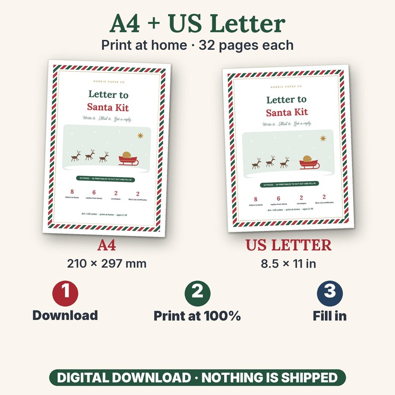 Puede incluir: Un kit digital de Carta a Santa en tama&ntilde;os A4 y US Letter, 32 p&aacute;ginas cada uno. Incluye 8 cartas, 6 respuestas, 2 sobres y 2 certificados. Con borde rojo y verde, gr&aacute;fico de renos y trineo. Instrucciones: 1 Descargar, 2 Imprimir al 100%, 3 Rellenar.