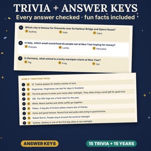 May include: A trivia game card set featuring questions about New Year traditions and answer keys. The text includes Trivia + Answer Keys, Game 9: Traditions Trivia, and questions about Sydney, Italy, and Germany on a dark blue background.