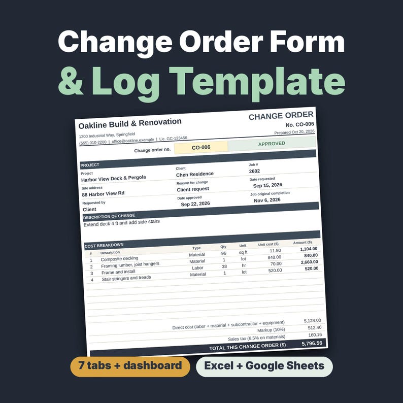 Construction Change Order Form & Log Template for Contractors and Remodelers image 1