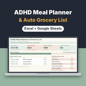 May include: A digital ADHD Meal Planner and Auto Grocery List displayed on a laptop screen, compatible with Excel and Google Sheets. The interface features sections for meals planned, grocery estimates, budgets, and backup meal ideas.