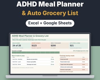 Może przedstawiać: Cyfrowy planer posiłków i automatyczna lista zakupów dla osób z ADHD wyświetlone na ekranie laptopa, kompatybilne z Excel i Google Sheets. Interfejs zawiera sekcje dotyczące zaplanowanych posiłków, budżetu i pomysłów na dania.