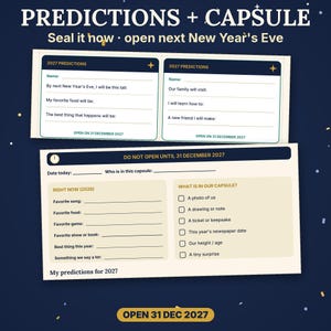 May include: A set of printed cards for a time capsule with the text PREDICTIONS + CAPSULE, Seal it now, open next New Year's Eve, and DO NOT OPEN UNTIL 31 DECEMBER 2027. The cards feature fill-in-the-blank sections for 2027 predictions.