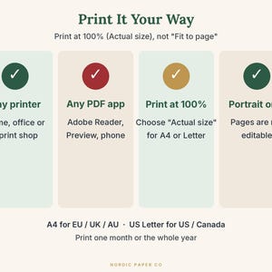 May include: An instructional graphic titled Print It Your Way with four columns featuring checkmarks and text. Instructions include using any printer, any PDF app, printing at 100% actual size, and portrait orientation for A4 or US Letter.