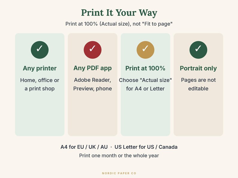 May include: An instructional graphic titled Print It Your Way with four columns featuring checkmarks and text. Instructions include using any printer, any PDF app, printing at 100% actual size, and portrait orientation for A4 or US Letter.