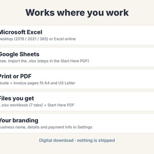 May include: An informational graphic titled Works where you work, listing compatibility with Microsoft Excel, Google Sheets, Print or PDF, file contents including one .xlsx workbook and a Start Here PDF, and customization options for branding.