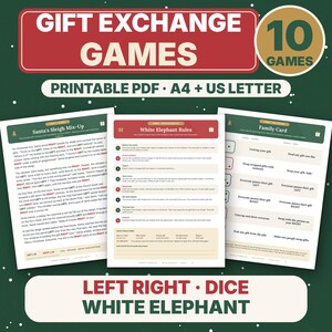Printable Christmas Gift Exchange Games, Left Right Story, Dice Game & White Elephant for Family
