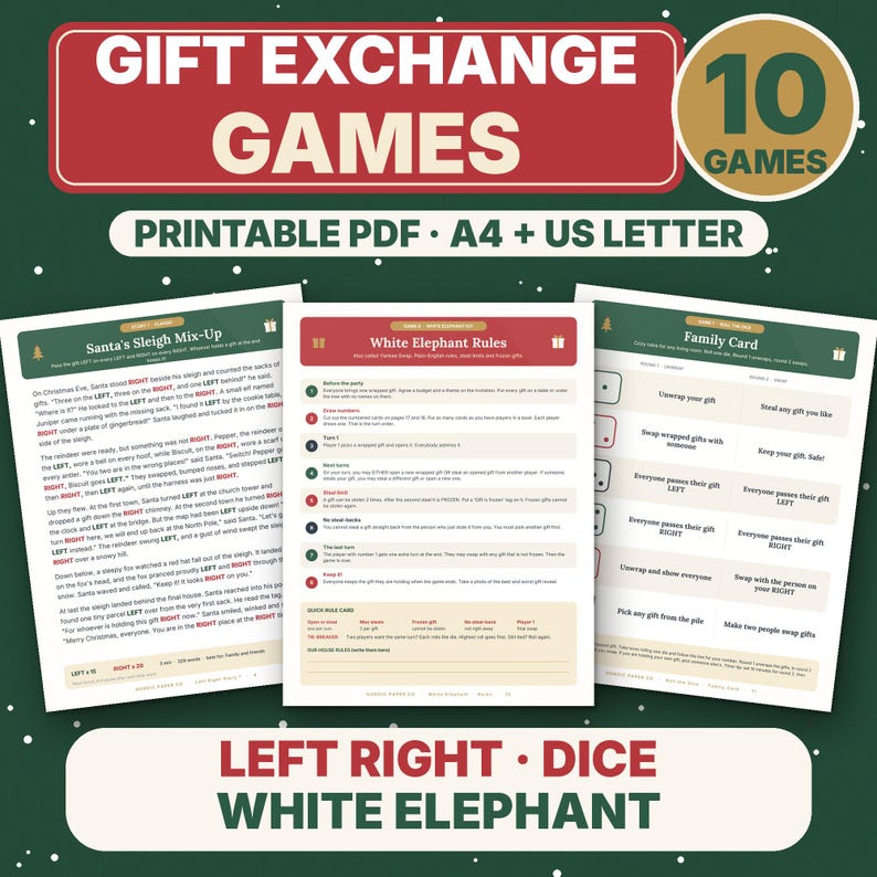 May include: A set of 10 printable gift exchange games in PDF format for A4 and US Letter sizes. The documents feature red and green headers with white text, including titles like Santa's Sleigh Mix-Up, White Elephant Rules, and Family Card.