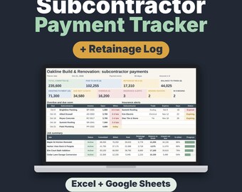 Subcontractor Payment Tracker Spreadsheet, Retainage Log & Lien Waiver Tracker