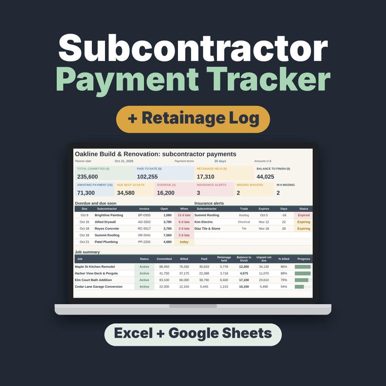 Subcontractor Payment Tracker Spreadsheet, Retainage Log & Lien Waiver Tracker image 1