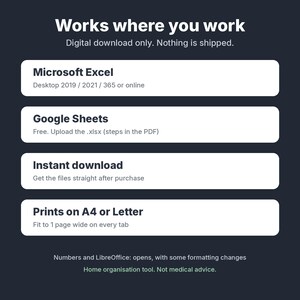 Może przedstawiać: Ciemnoszara cyfrowa infografika z białym tekstem. Wymienia kompatybilność z Microsoft Excel, Google Sheets, Numbers i LibreOffice. Określa natychmiastowe pobieranie, drukowanie w formacie A4 lub Letter oraz narzędzie do organizacji domu.