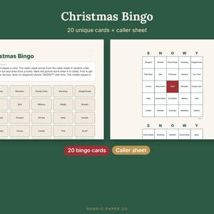 May include: A Christmas Bingo game set featuring 20 unique cards and a caller sheet. The cards display a grid with holiday-themed words like Snowman, Reindeer, and Candy Cane. The caller sheet includes the word SNOWY above a 5x5 grid.