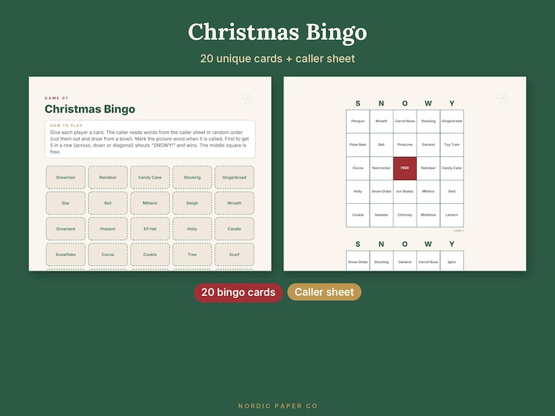 May include: A Christmas Bingo game set featuring 20 unique cards and a caller sheet. The cards display a grid with holiday-themed words like Snowman, Reindeer, and Candy Cane. The caller sheet includes the word SNOWY above a 5x5 grid.