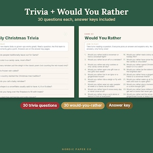 May include: Two printable game sheets titled Trivia + Would You Rather, featuring Family Christmas Trivia and Would You Rather questions. Each sheet includes instructions and numbered lists of questions. Three colored labels state 30 trivia questions, 30 would-you-rather, and Answer key.