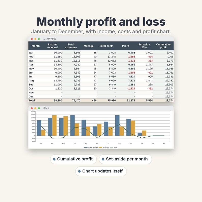 May include: A digital monthly profit and loss spreadsheet template featuring a data table from January to December, a corresponding bar and line chart, and labels for cumulative profit, set-aside per month, and automatic updates.