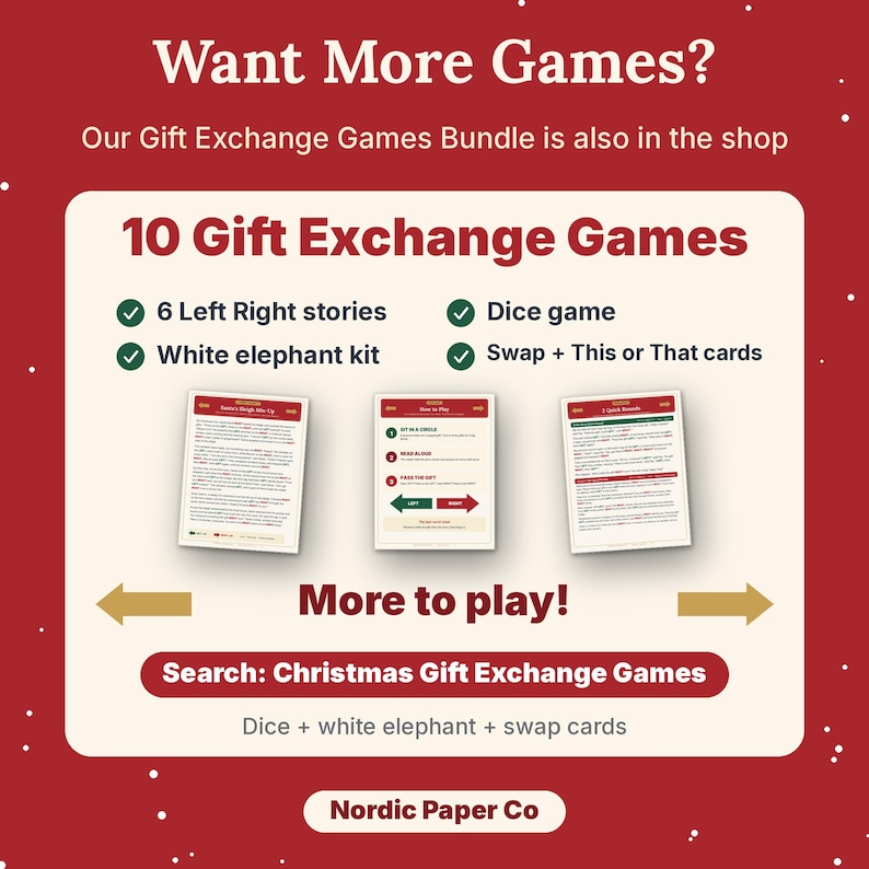 Jeu de Noël imprimable Gauche Droite, 6 histoires à lire à voix haute pour la famille, les enfants et les échanges de cadeaux au bureau image 12