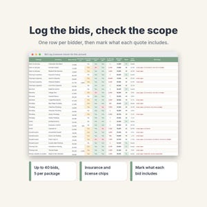 Contractor Bid Comparison Template, Construction Bid Leveling Spreadsheet, Quote Sheet image 6