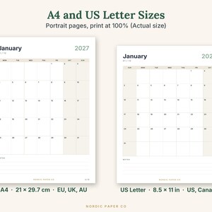 May include: Two printable calendar pages for January 2027 in A4 and US Letter sizes. The text reads A4 and US Letter Sizes, Portrait pages, print at 100% (Actual size), January 2027, A4 21 x 29.7 cm EU, UK, AU, and US Letter 8.5 x 11 in US, Canada.
