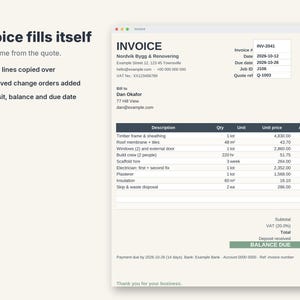 May include: A digital invoice document titled Invoice with the text Invoice fills itself and bullet points listing Quote lines copied over, Approved change orders added, and Deposit, balance and due date. The document displays financial data.