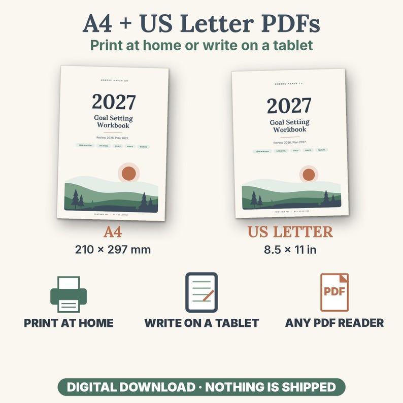 May include: Two 2027 Goal Setting Workbook digital files in A4 and US Letter sizes. The covers feature a landscape illustration with green hills, dark trees, and a red sun. Text includes A4 + US Letter PDFs, Print at home or write on a tablet, and 8.5 x 11 in.