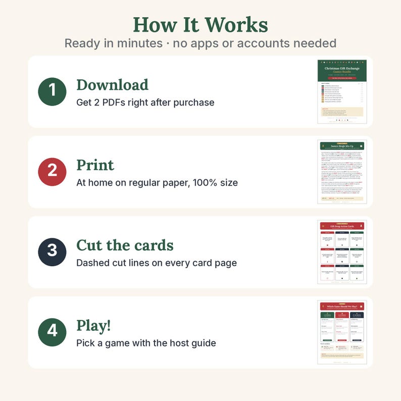 May include: An instructional graphic titled How It Works with four steps: 1 Download, 2 Print, 3 Cut the cards, and 4 Play. Each step includes text details and a small preview image of a printable document. The design uses green, red, and dark blue circular icons on a light background.