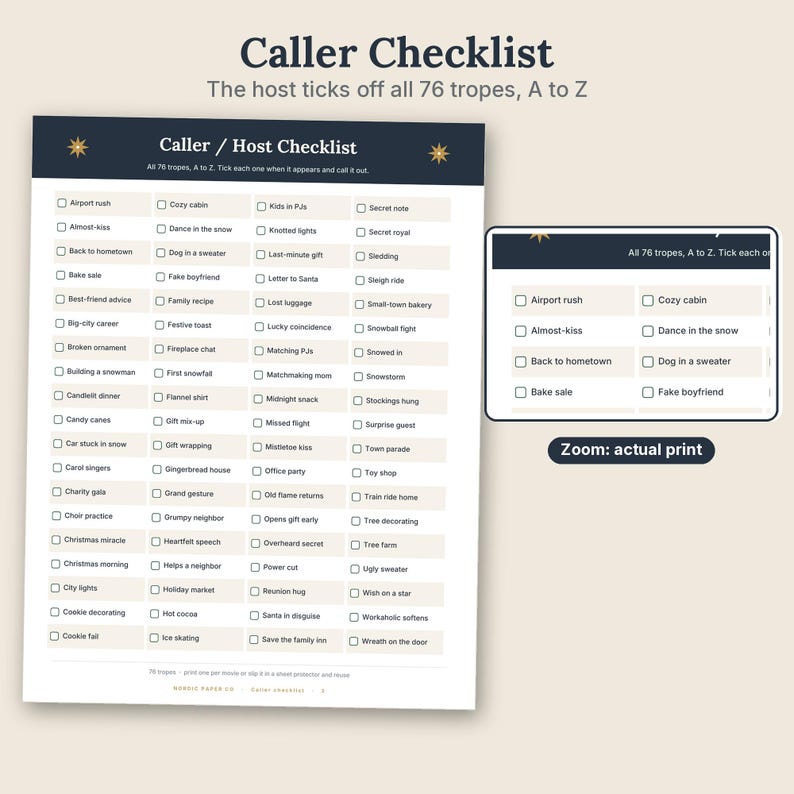 May include: A white paper Caller Checklist with dark blue headers and gold star accents. The document features a list of 76 holiday tropes from A to Z, each with a checkbox. A zoomed-in inset shows a detail of the printed text and checkboxes.