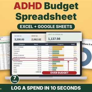 May include: A digital ADHD Budget Spreadsheet for Excel and Google Sheets displayed on a laptop screen. The interface shows income, spending, and progress bars for categories like rent, groceries, and eating out, with an over budget alert.