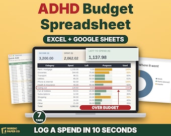 May include: A digital ADHD Budget Spreadsheet for Excel and Google Sheets displayed on a laptop screen. The interface shows income, spending, and progress bars for categories like rent, groceries, and eating out, with an over budget alert.