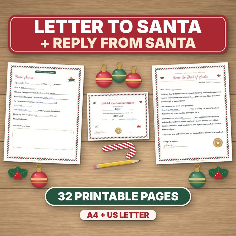 Puede incluir: Un conjunto imprimible que incluye una carta a Santa, una respuesta de Santa y un certificado oficial de la lista de los buenos. Incluye adornos rojos y verdes, un bast&oacute;n de caramelo y un l&aacute;piz amarillo. Texto: Letter to Santa, Reply from Santa.