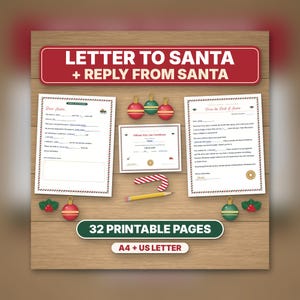Puede incluir: Un conjunto imprimible que incluye una plantilla de carta a Santa, una respuesta de Santa y un certificado oficial de lista de ni&ntilde;os buenos. Incluye un bast&oacute;n de caramelo, un l&aacute;piz amarillo y adornos rojos y verdes sobre fondo de madera.
