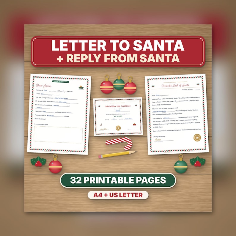 Puede incluir: Un conjunto imprimible que incluye una plantilla de carta a Santa, una respuesta de Santa y un certificado oficial de lista de ni&ntilde;os buenos. Incluye un bast&oacute;n de caramelo, un l&aacute;piz amarillo y adornos rojos y verdes sobre fondo de madera.