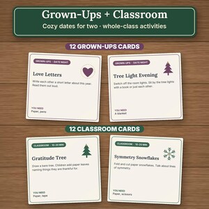 May include: A set of activity cards titled Grown-Ups + Classroom with categories for date nights and classroom activities. The cards feature text instructions, icons like hearts and trees, and lists of required items for each activity.