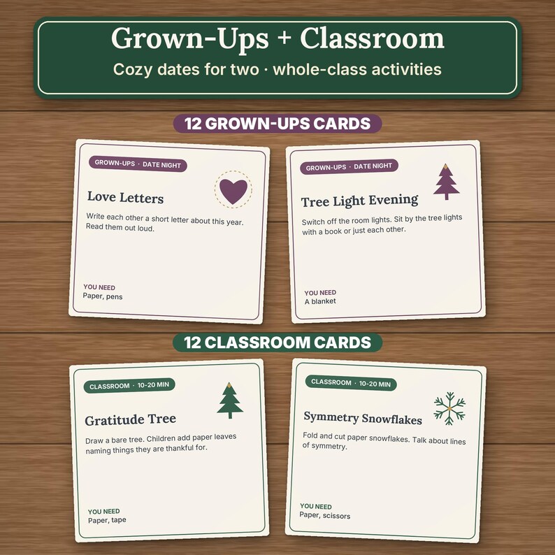 May include: A set of activity cards titled Grown-Ups + Classroom with categories for date nights and classroom activities. The cards feature text instructions, icons like hearts and trees, and lists of required items for each activity.