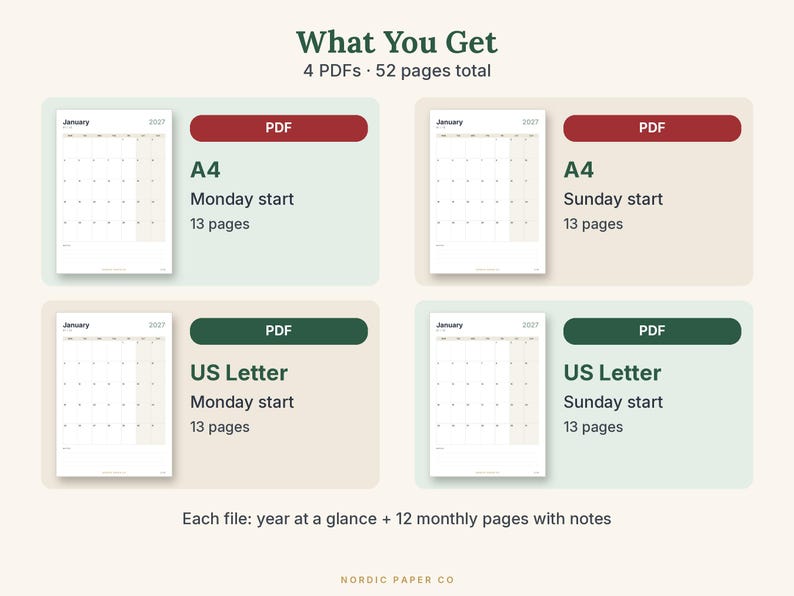 May include: A digital calendar set titled What You Get, containing 4 PDFs and 52 pages total. It includes A4 and US Letter formats with Monday or Sunday starts. Each file features a year at a glance and 12 monthly pages with notes.