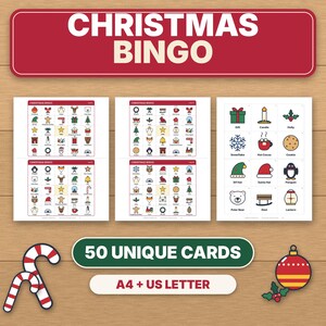 Christmas Bingo Game Printable, 50 Unique Picture Cards for Kids, Family & Classroom Party