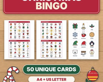 Christmas Bingo Game Printable, 50 Unique Picture Cards for Kids, Family & Classroom Party