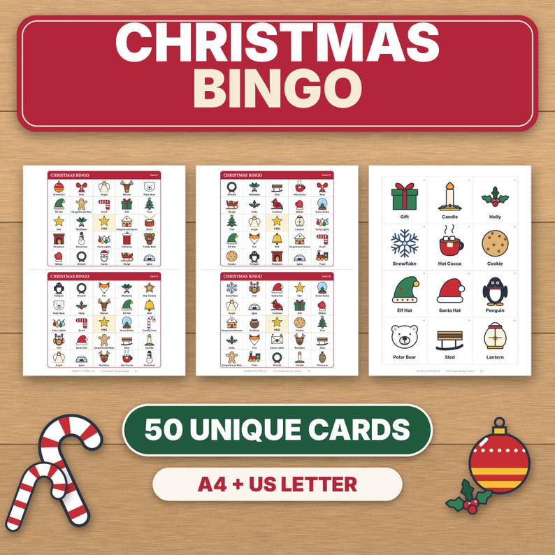 Bingo navideño imprimible, 50 tarjetas de bingo con imágenes únicas para niños, adultos y grupos grandes, juego para el aula y fiestas familiares. imagen 1