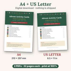 May include: Two digital download sheets for Advent Activity Cards, featuring a dark green header with holiday icons, white body text listing contents, and a beige quick start section. Includes A4 210 x 297 mm and US Letter 8.5 x 11 in sizes.